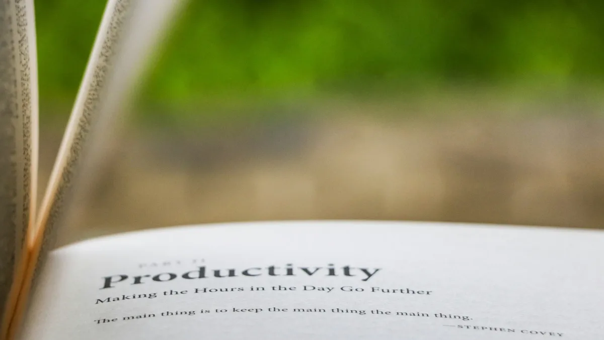 A book with the word "Productivity" on the page, set against a blurred background of greenery.