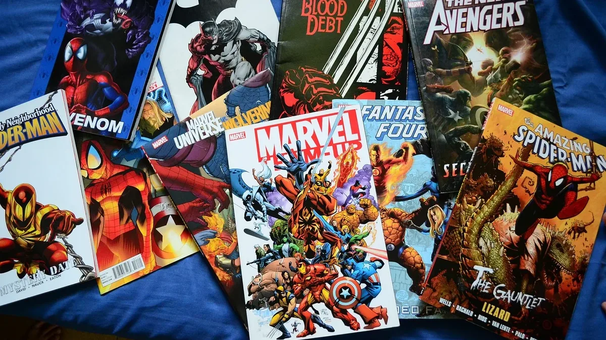 A collection of comic books featuring various superheroes and villains, including Spider-Man, Wolverine, and the Avengers.